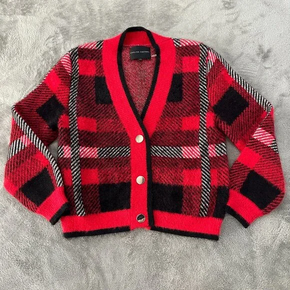 English Factory Red and Black Plaid Cardigan - Picture 1 of 6
